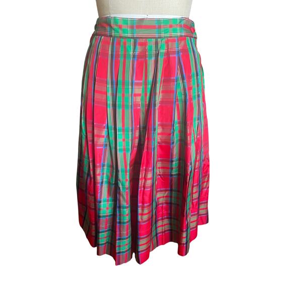 Vintage 80s Red & Green Plaid Tartan Pleated Taffeta Midi Skirt Size 8 - Picture 1 of 6